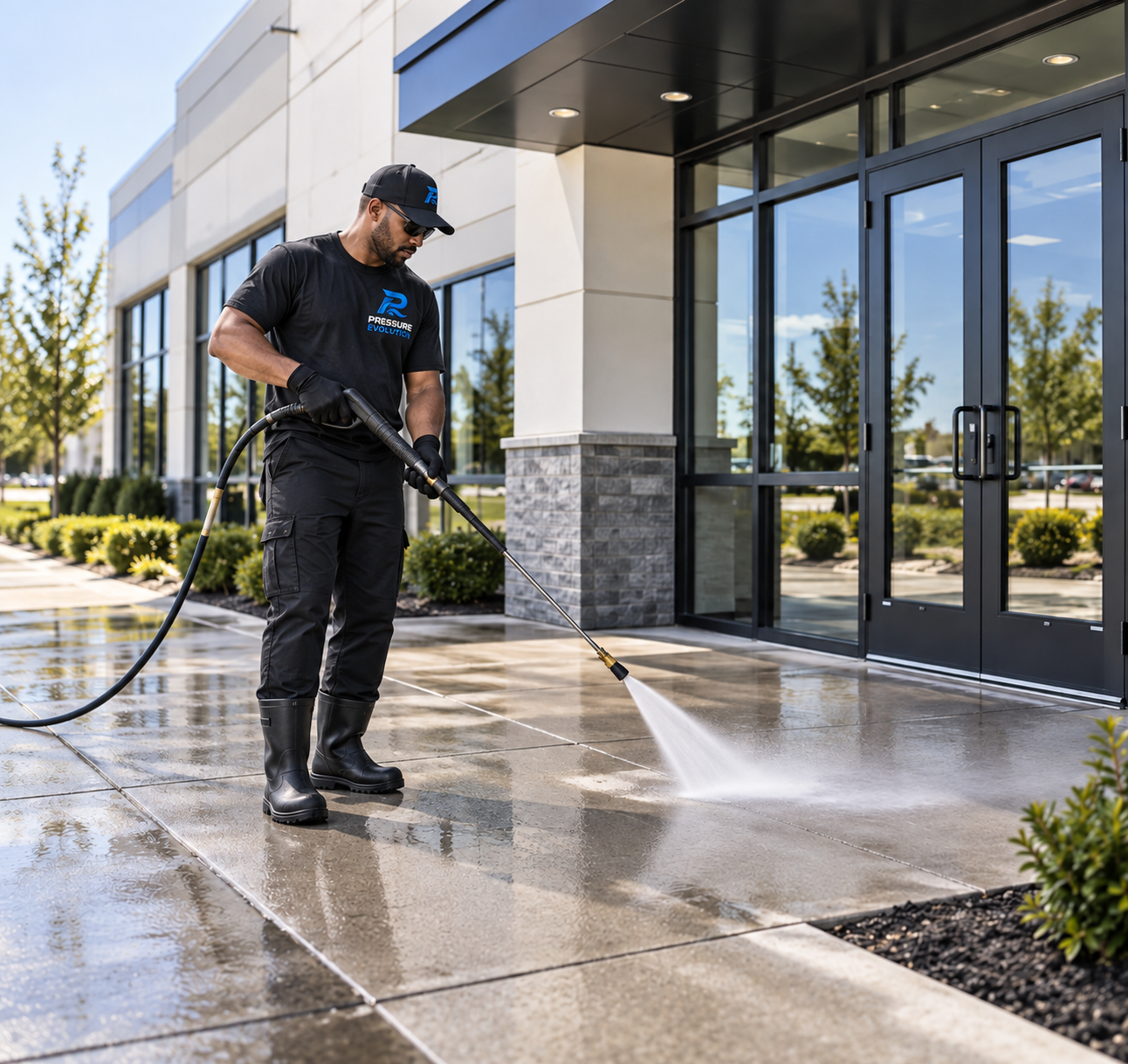 A clean commercial storefront entrance with washed sidewalk concrete